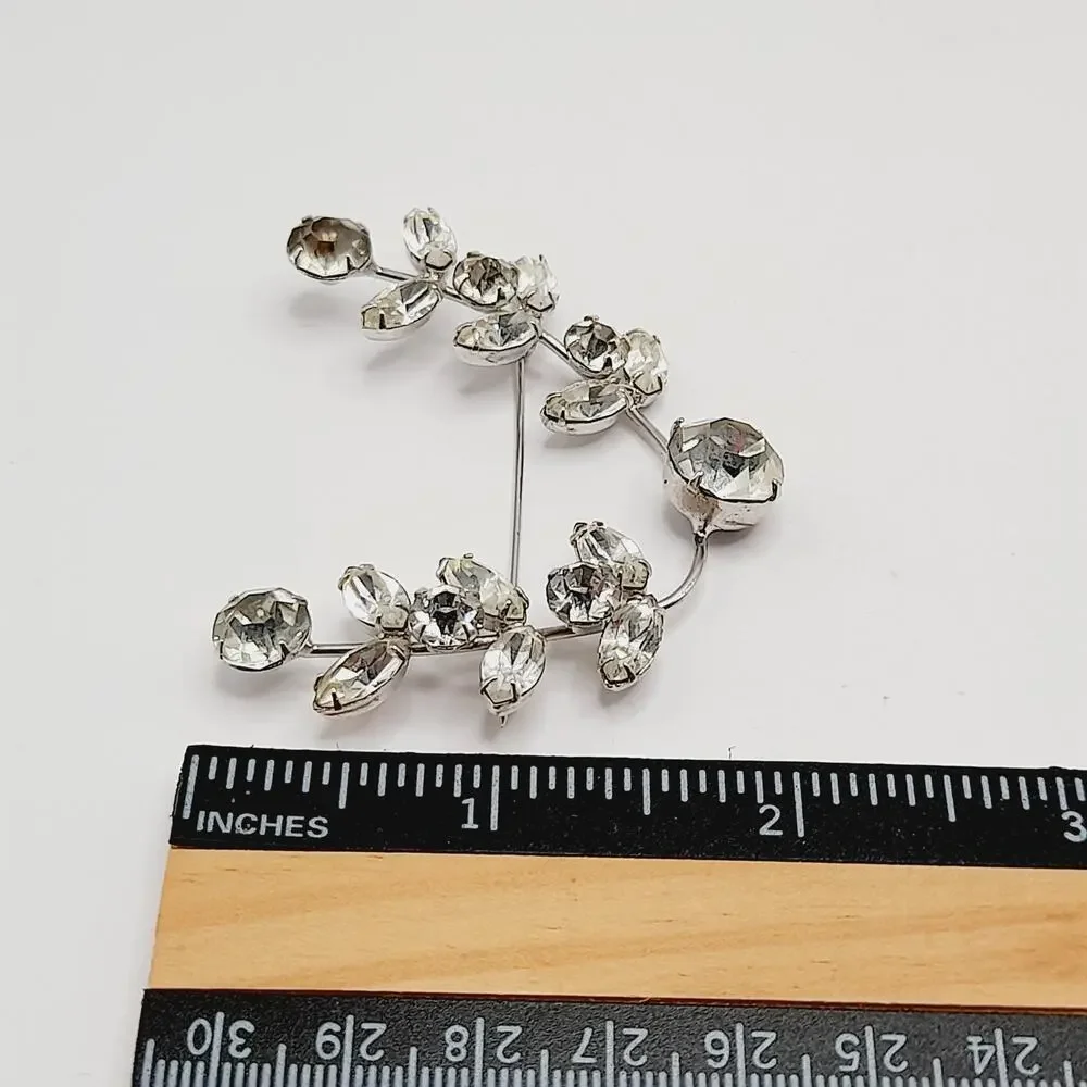 Vintage Clear Rhinestone Brooch Mid-Century Silver Tone Wedding Pin 2 1/2 Inch